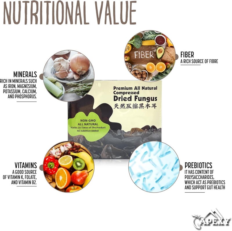 Apexy Premium All Natural Compressed Dried Black Fungus (Wood Ear Mushroom) - 8.8 Oz - Non-GMO, Gluten-Free, 10 Times Volume Yield After Soaking - Image 3