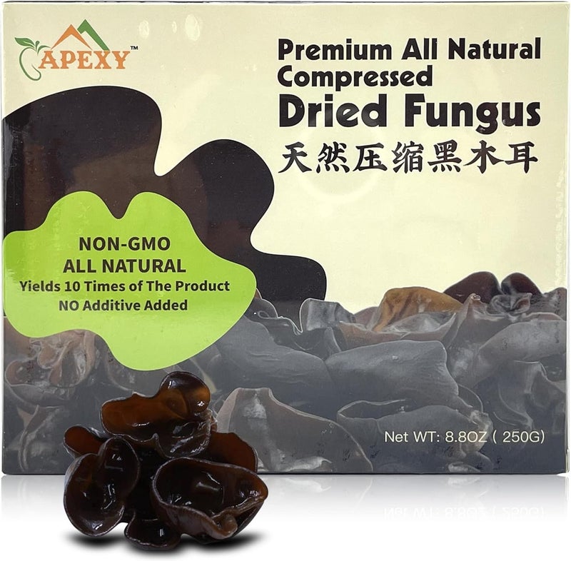 Apexy Premium All Natural Compressed Dried Black Fungus (Wood Ear Mushroom) - 8.8 Oz - Non-GMO, Gluten-Free, 10 Times Volume Yield After Soaking - Image 1