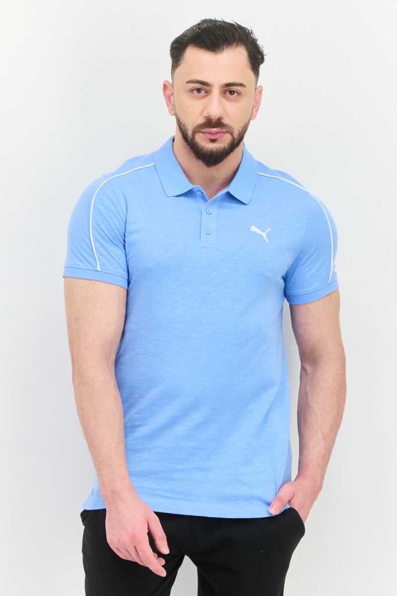 PUMA قميص بولو قصير الأكمام للرجال بتصميم نحيف، أزرق فاتح/أبيض - Image 1