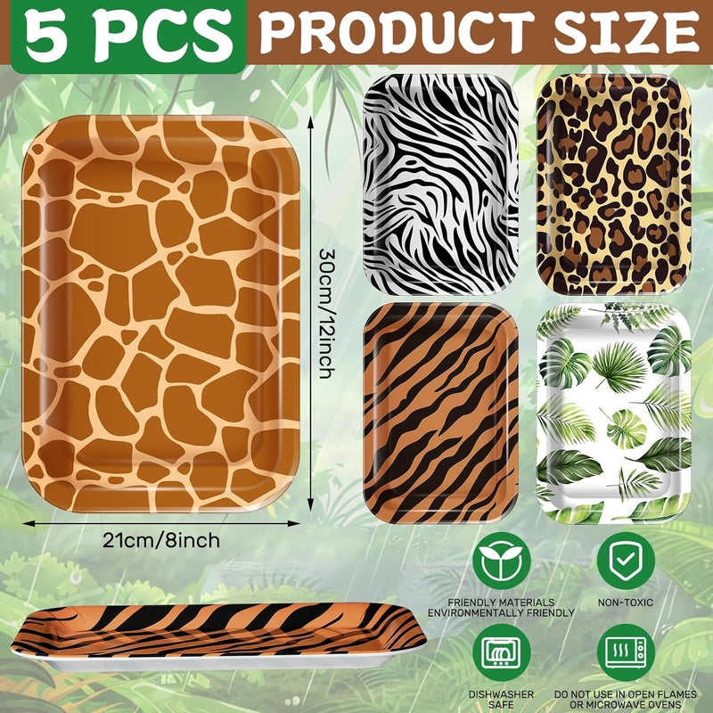 Rtteri Rtteri 5 Pcs Jungle Safari Wild Animal Platter 12 x 8 Inch Jungle Zoo Animal Print Plates Tray Wild Animal Party Supplies for Jungle Safari Themed Baby Showers Birthday Party Decorations  - Image 2