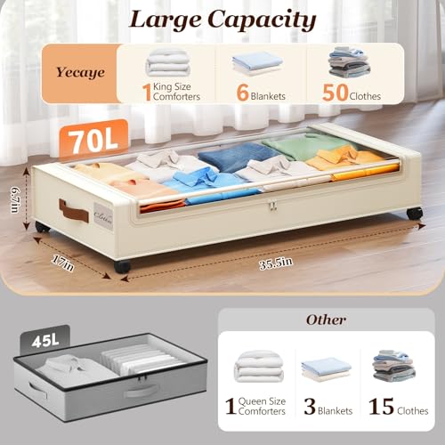 Yecaye Under Bed Storage with Wheels 2Pack, 70L Larger Capacity Under Bed Storage Containers, Underbed Shoe Storage Organizer, Rolling Under Bed Metal Drawers for Clothes, Blankets(35.5 x 17 x 6.7in) - Image 2