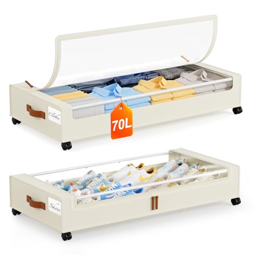 Yecaye Under Bed Storage with Wheels 2Pack, 70L Larger Capacity Under Bed Storage Containers, Underbed Shoe Storage Organizer, Rolling Under Bed Metal Drawers for Clothes, Blankets(35.5 x 17 x 6.7in) - Image 1
