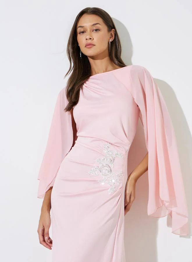 Styli  Pink Sequin Embellished Cape Sleeves Maxi Dress for Women | Best Price UAE