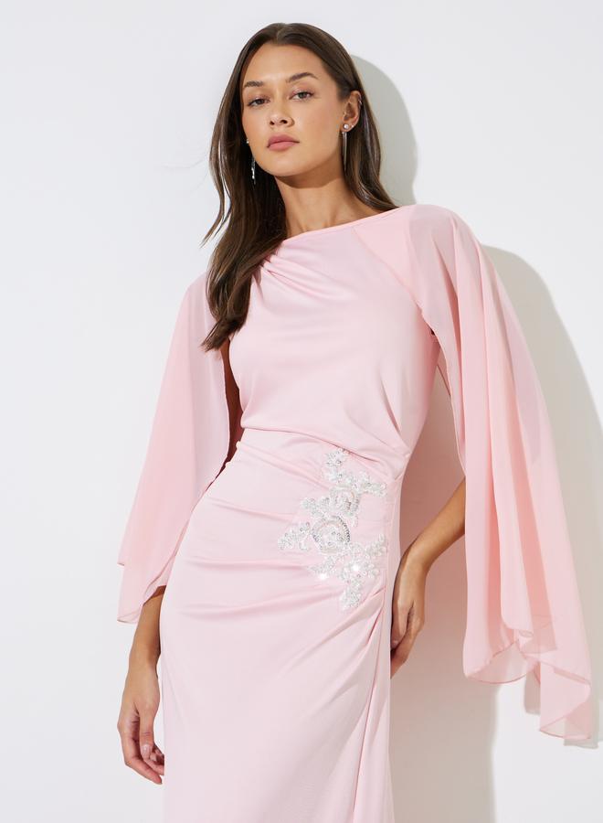 Styli Pink Sequin Embellished Cape Sleeves Maxi Dress - Image 2