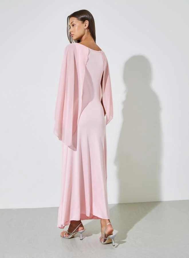 Styli  Pink Sequin Embellished Cape Sleeves Maxi Dress for Women | Best Price UAE