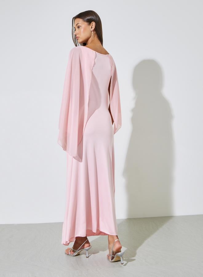Styli Pink Sequin Embellished Cape Sleeves Maxi Dress - Image 3