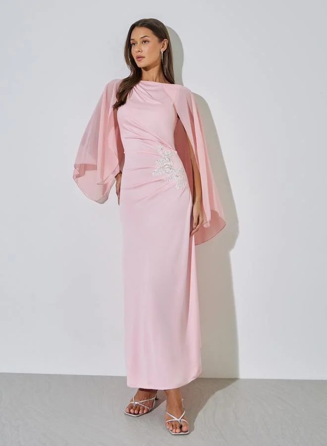 Pink Sequin Embellished Cape Sleeves Maxi Dress
