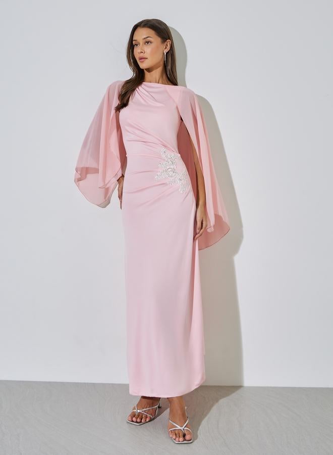 Styli Pink Sequin Embellished Cape Sleeves Maxi Dress - Image 1