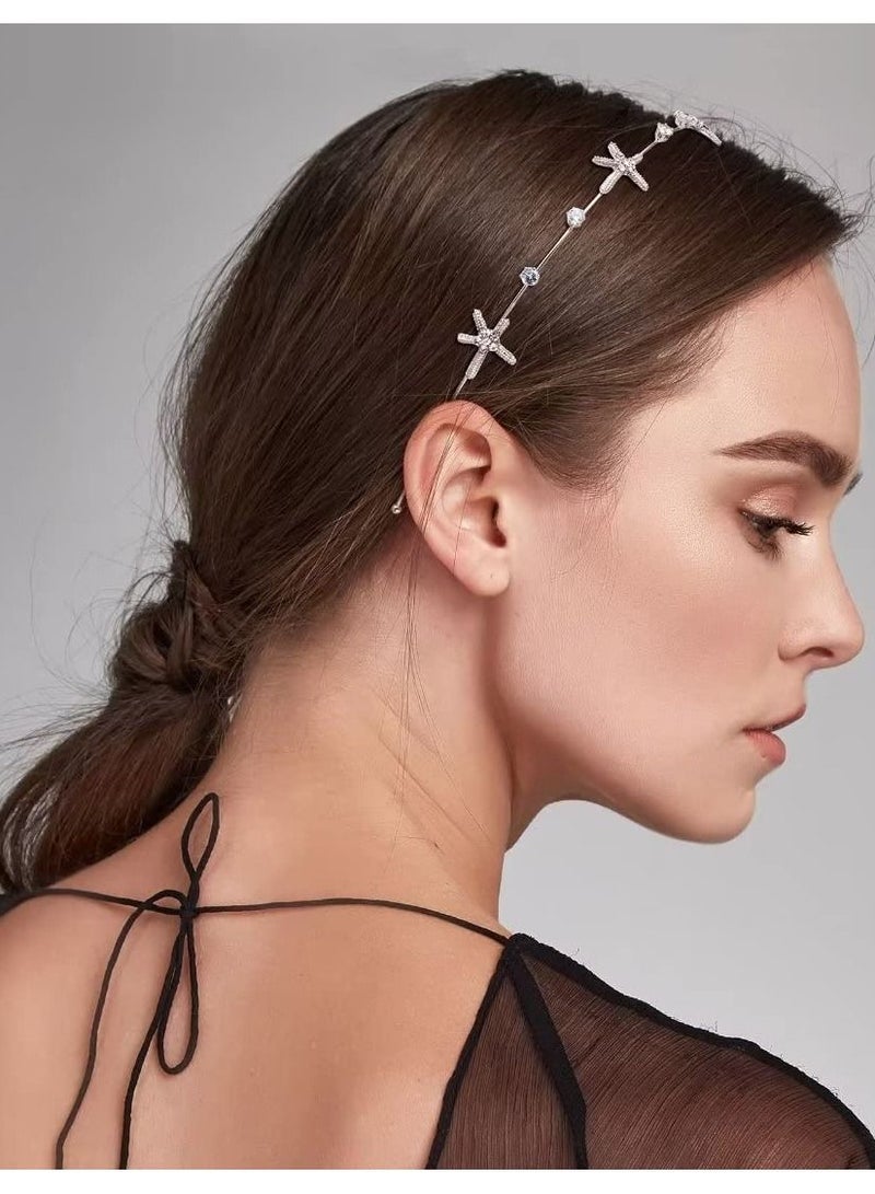 إسكدنيا Rhinestone Starfish Headbands Handmade Pearl Seashell Mermaid Crystal Hair Hoops Bridal Headpiece Vine Tiara Beach Wedding Accessories for Bride(Set of 3) - Image 4