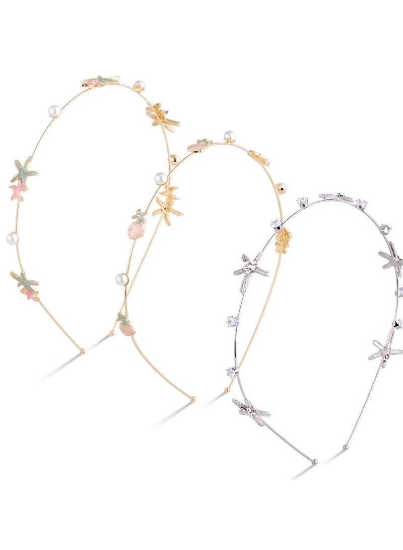 إسكدنيا Rhinestone Starfish Headbands Handmade Pearl Seashell Mermaid Crystal Hair Hoops Bridal Headpiece Vine Tiara Beach Wedding Accessories for Bride(Set of 3) - Image 1