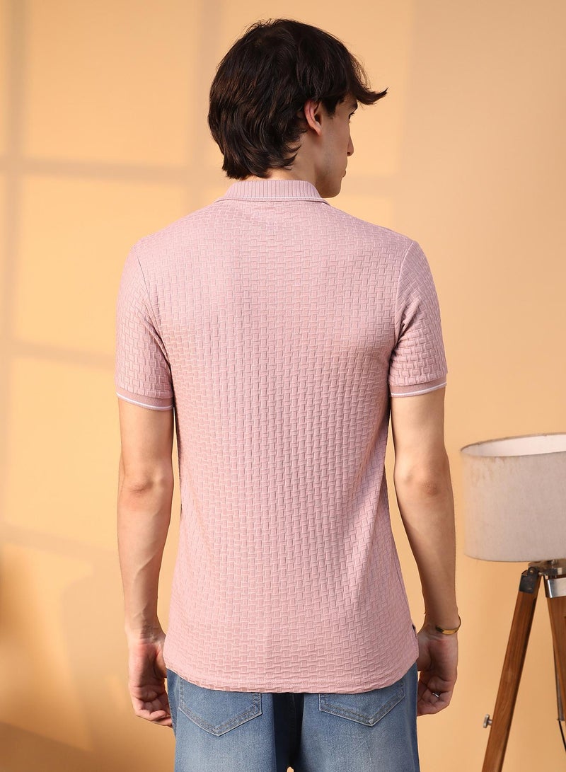 Campus Sutra Men's Blush Pink Interweave-Textured Polo T-Shirt For Casual Wear | Polo Neck | Short Sleeve | Half-Button Closure | T-Shirt Crafted With Comfort Fit For Everyday Wear - Image 5