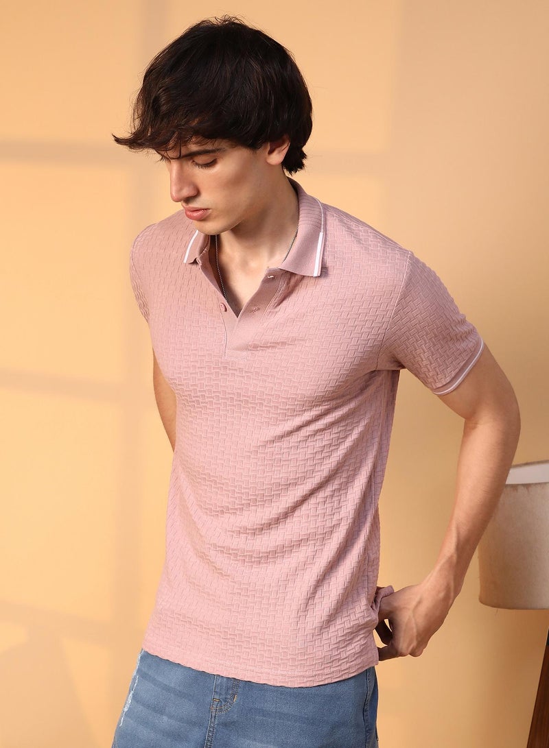 Campus Sutra Men's Blush Pink Interweave-Textured Polo T-Shirt For Casual Wear | Polo Neck | Short Sleeve | Half-Button Closure | T-Shirt Crafted With Comfort Fit For Everyday Wear - Image 3