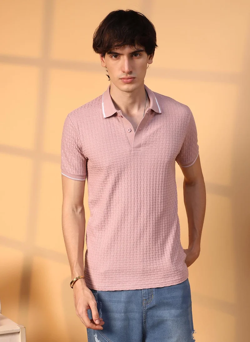 كامبوس سوترا Men's Blush Pink Interweave-Textured Polo T-Shirt For Casual Wear | Polo Neck | Short Sleeve | Half-Button Closure | T-Shirt Crafted With Comfort Fit For Everyday Wear
