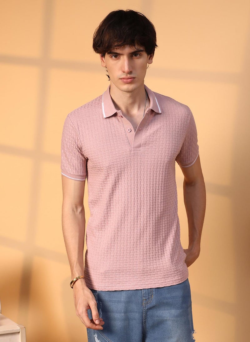 Campus Sutra Men's Blush Pink Interweave-Textured Polo T-Shirt For Casual Wear | Polo Neck | Short Sleeve | Half-Button Closure | T-Shirt Crafted With Comfort Fit For Everyday Wear - Image 2