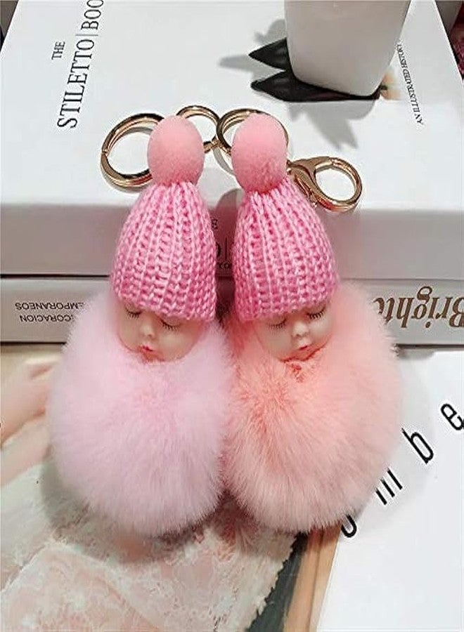 VK HORE Cute Sleeping N Smiley Baby Doll Keychains Fluffy Fur Pompom Keychain Car Bag Pendants Keyring Key Holder, (Pack of 2) Multi Colors - Image 1