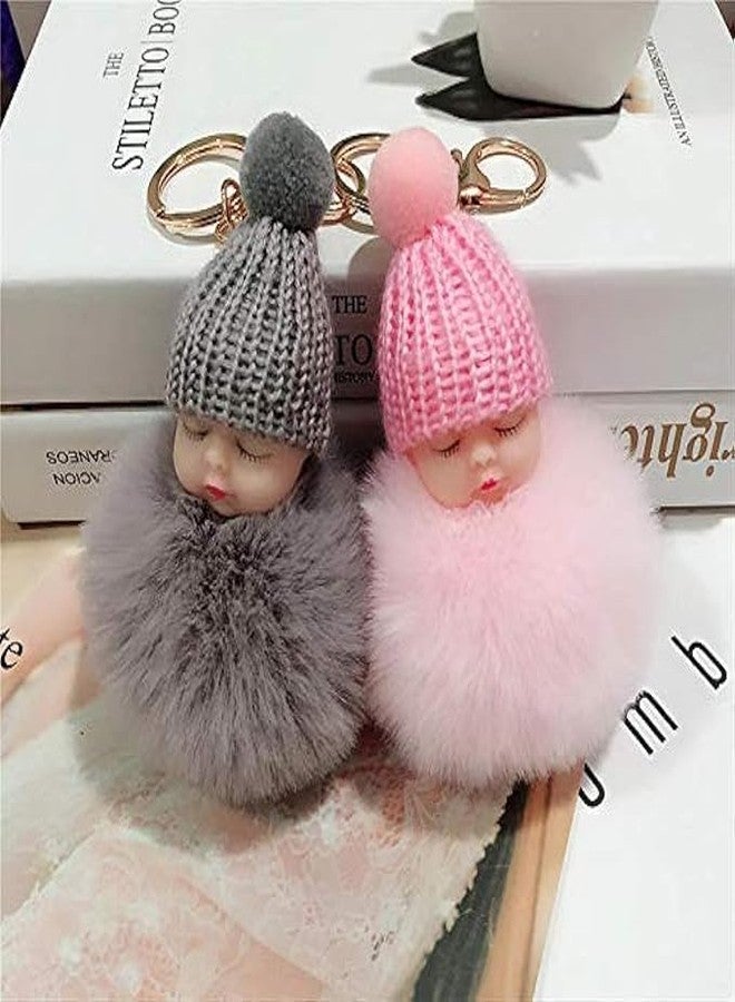 VK HORE Cute Sleeping N Smiley Baby Doll Keychains Fluffy Fur Pompom Keychain Car Bag Pendants Keyring Key Holder, (Pack of 2) Multi Colors - Image 4