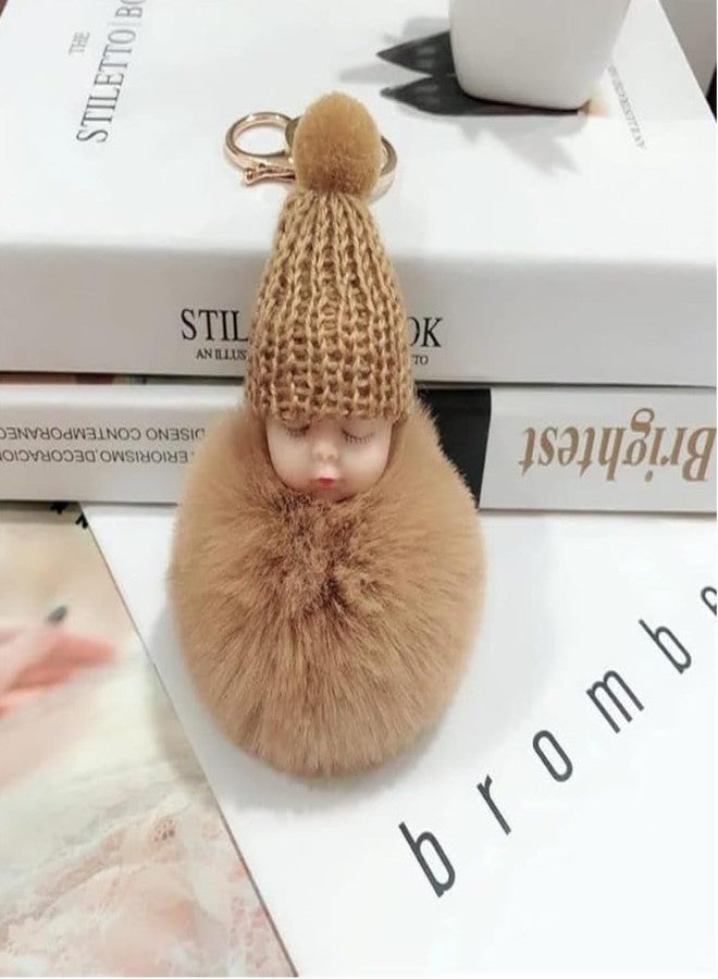 VK HORE Cute Sleeping N Smiley Baby Doll Keychains Fluffy Fur Pompom Keychain Car Bag Pendants Keyring Key Holder, (Pack of 2) Multi Colors - Image 5