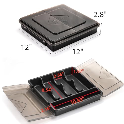 Dicunoy Silverware Organizer with Lid Covered Utensil Drawer Organizer Tray for Kitchen 5 Compartments Plastic Black Cutlery Flatware Storage Box for Spoons Forks Knives Office RV Countertop - Image 3