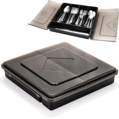 Dicunoy Silverware Organizer with Lid Covered Utensil Drawer Organizer Tray for Kitchen 5 Compartments Plastic Black Cutlery Flatware Storage Box for Spoons Forks Knives Office RV Countertop - Image 1