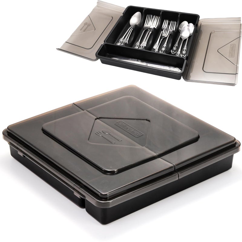 Dicunoy Silverware Organizer with Lid Covered Utensil Drawer Organizer Tray for Kitchen 5 Compartments Plastic Black Cutlery Flatware Storage Box for Spoons Forks Knives Office RV Countertop - Image 2