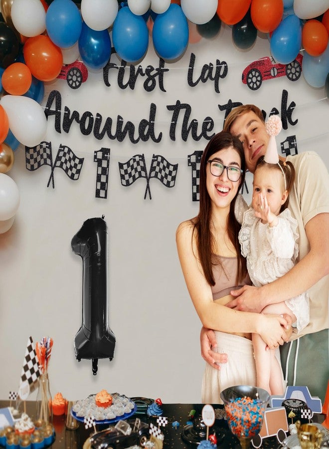 RANERVZ Glitter First Lap Around The Track Banner for First Birthday Party Decorations Black Red Race Car Banner for Boys One Birthday Backdrop Decor Photo Props Fast One Car 1st Bday Baby Shower Party Supplies - Image 3