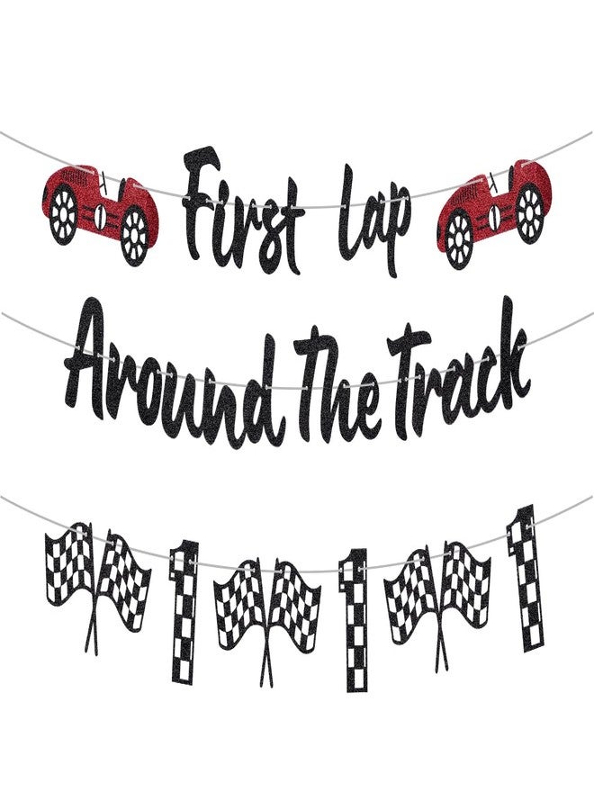 RANERVZ Glitter First Lap Around The Track Banner for First Birthday Party Decorations Black Red Race Car Banner for Boys One Birthday Backdrop Decor Photo Props Fast One Car 1st Bday Baby Shower Party Supplies - Image 1