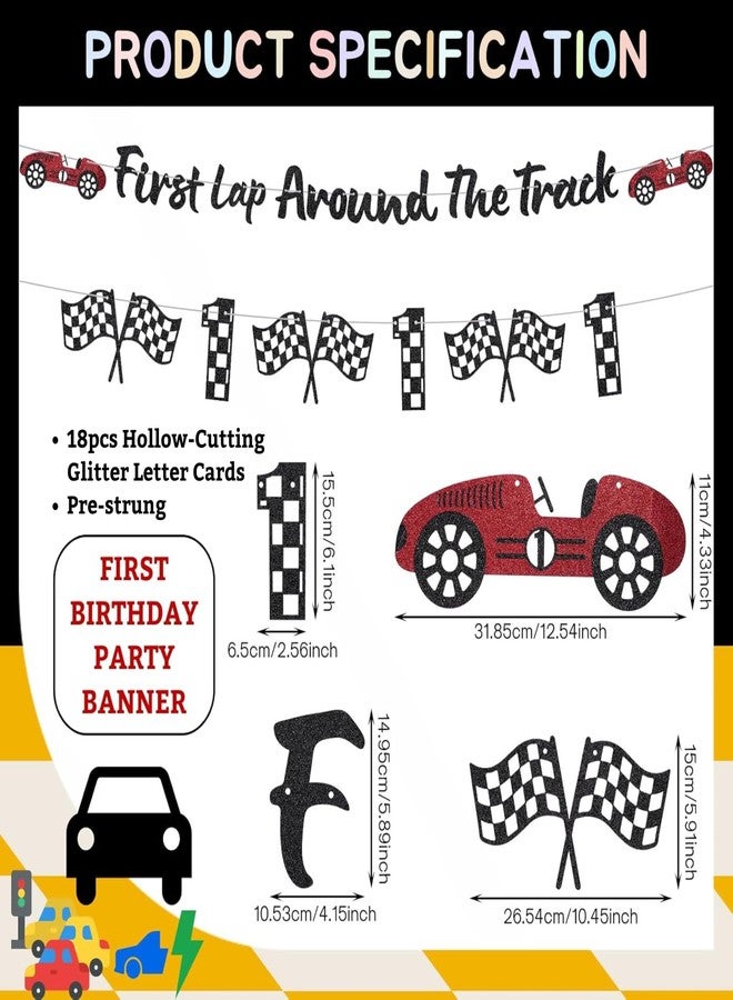 RANERVZ Glitter First Lap Around The Track Banner for First Birthday Party Decorations Black Red Race Car Banner for Boys One Birthday Backdrop Decor Photo Props Fast One Car 1st Bday Baby Shower Party Supplies - Image 2