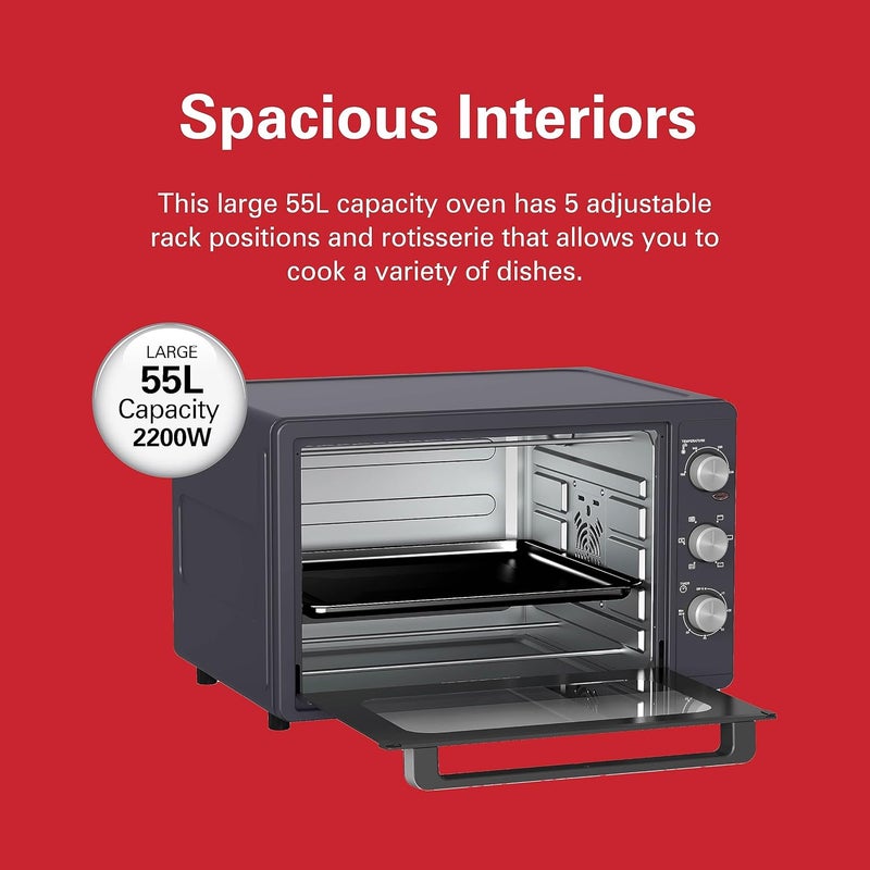 Hamilton Beach 55L 2200W Convection Toaster Oven with Rotisserie Grill, Double Walled Glass, Oyster Grey Color, 6 accessories, 6 functions, Max 230°C temp and 60 mins timer, CTGL55-ME - Image 5