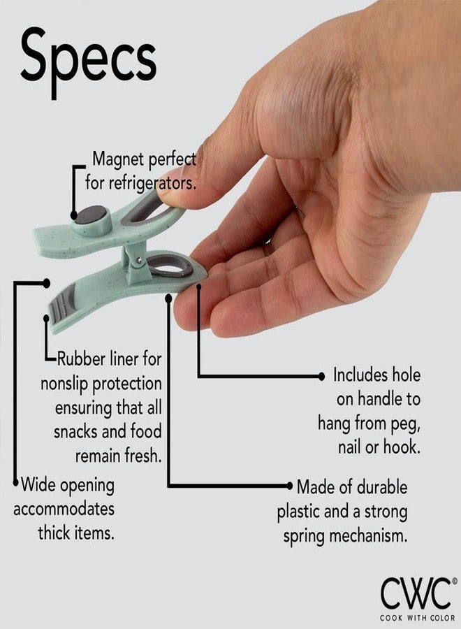 كوك ويذ كولرز مشابك أكياس الطبخ الملونة مع مغناطيس - مشابك تخزين طعام محكمة الإغلاق للخبز والوجبات الخفيفة وأكياس الطعام (رمادي منقط وأزرق مخضر، عبوة من 10 قطع) - Image 2