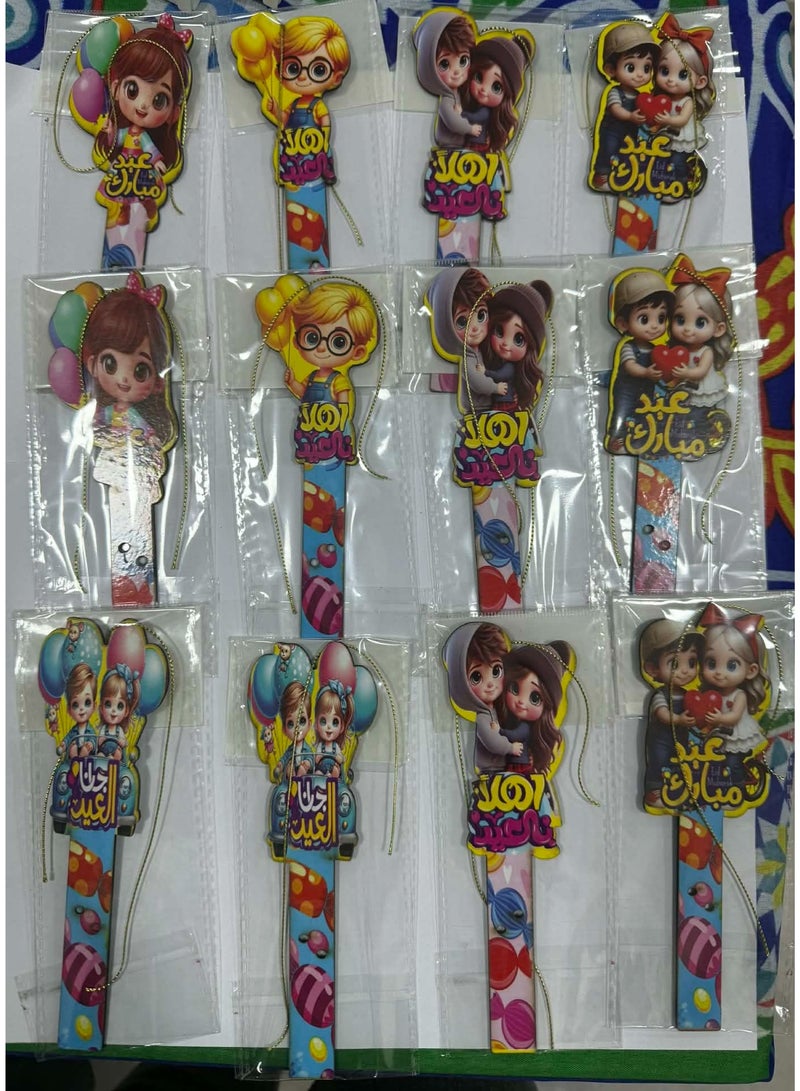 طقم توزيعات العيد الخشبية 12 قطعة – بطاقات وحوامل نقود خشبية مذهلة بتصميمات كرتونية للاحتفال بالعيد وتعزيز روحك الاحتفالية مع حبل ذهبي – أشكال كرتونية مبهجة – هدية مثالية لعيد الفطر وعيد الأضحى - Image 4