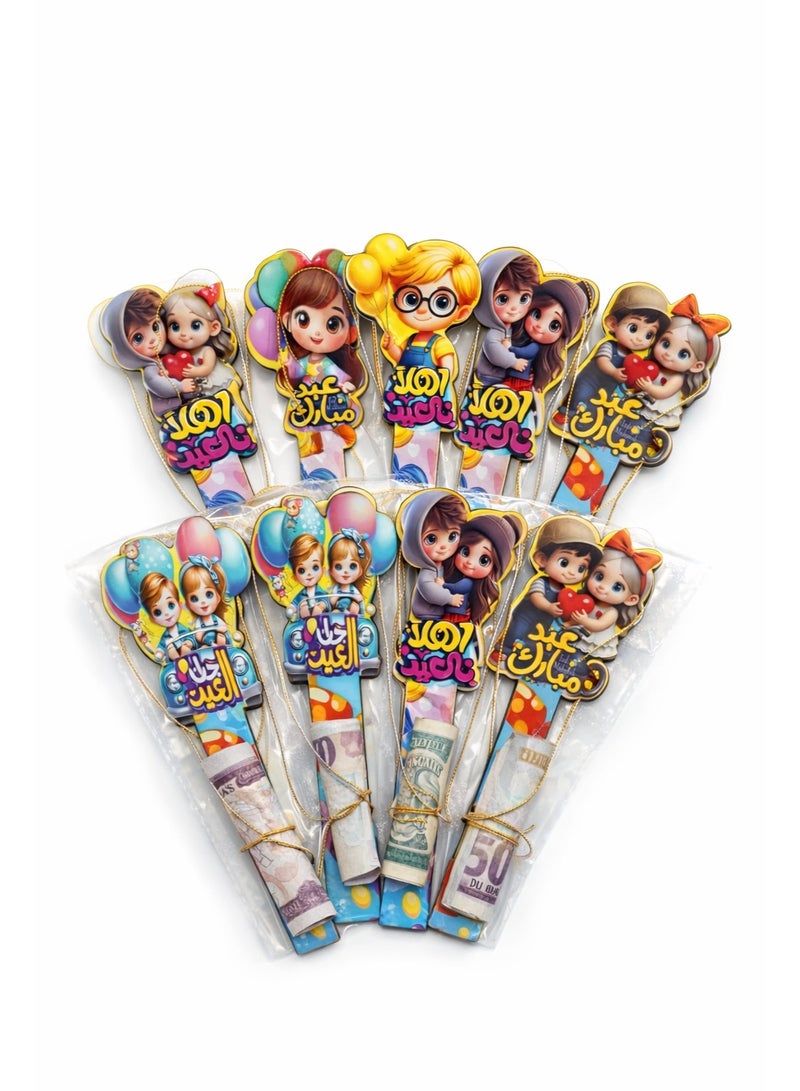 طقم توزيعات العيد الخشبية 12 قطعة – بطاقات وحوامل نقود خشبية مذهلة بتصميمات كرتونية للاحتفال بالعيد وتعزيز روحك الاحتفالية مع حبل ذهبي – أشكال كرتونية مبهجة – هدية مثالية لعيد الفطر وعيد الأضحى - Image 1