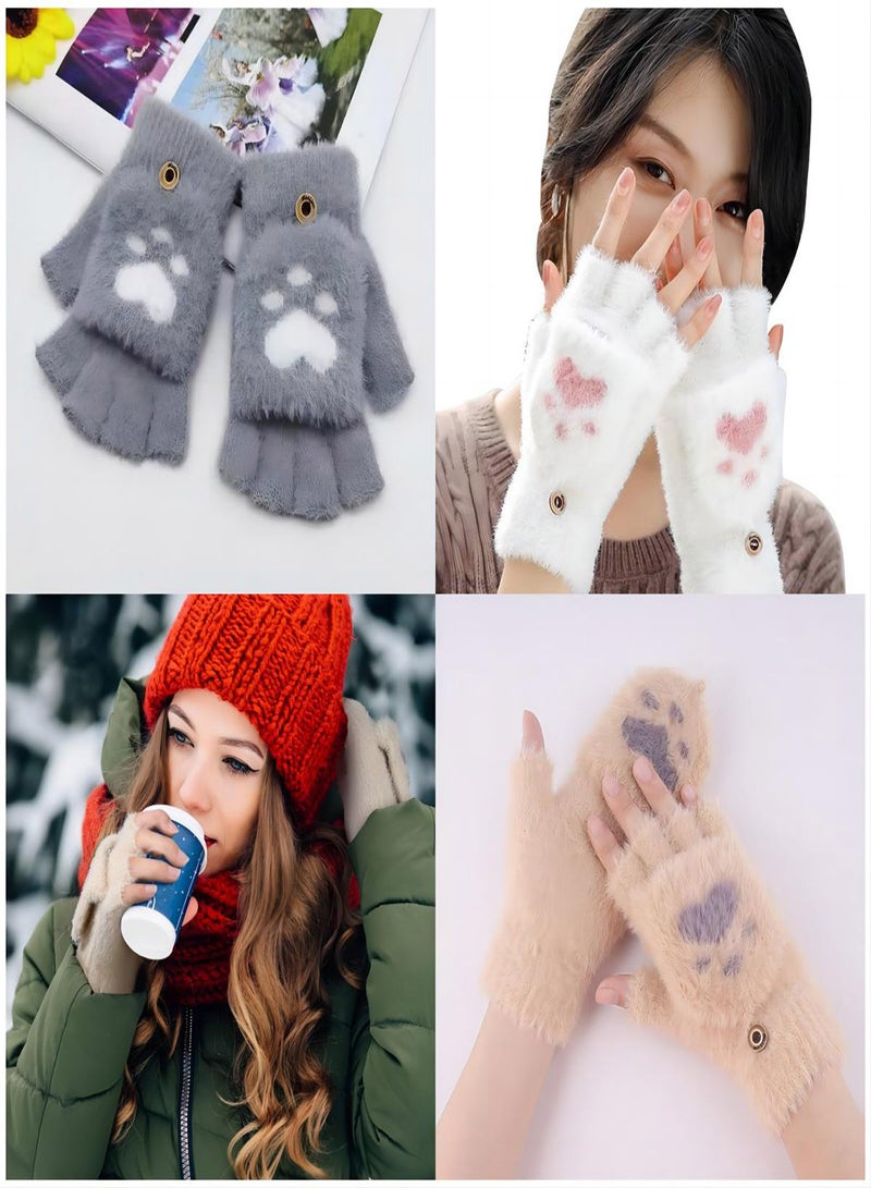 Winter Fingerless Gloves, 3 Pairs Cat Paws Cosplay Faux Fur Plush Gloves for Women, Warm Fleece Lined Knit Gloves with Elastic Cuff, Perfect for Cold Weather - Image 1