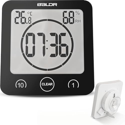 BALDR Digital Shower Clock with Timer  Black  WaterResistant Shower Timer Countdown Timer Clock with Temperature and Humidity Digital Clock for Shower Bathroom Clock Alarm Clock Battery Powered - Image 1
