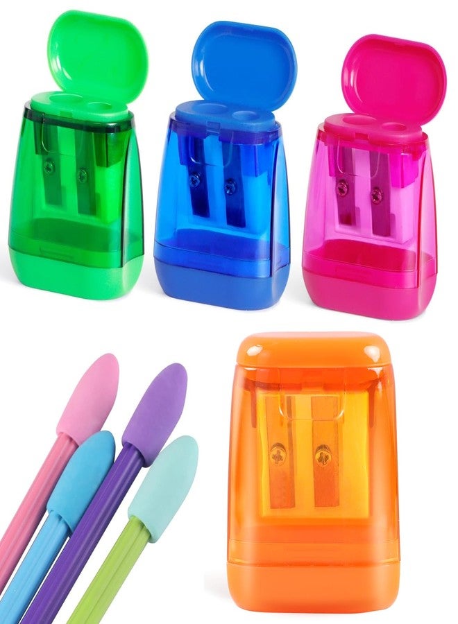 Aipker Pencil Sharpeners, Aipker Manual Sharpeners & Pencil Top Eraser Set for Colored Pencils, Colorful Protable Dual Holes Pencil Sharpener with Lid for Kids, Audlts, Artists, Classroom, School & Office - Image 1