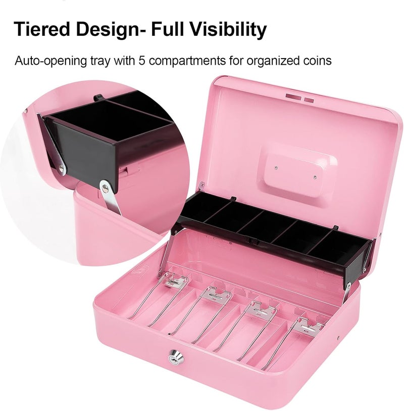 Jssmst Cash Box with Money Tray and Lock - Pink Cash Box with Key Lock Safe Money Box Large, Locking Register Drawer for Money, 11.8'' x 9.5'' x 3.5'', SM-CB005PK - Image 5