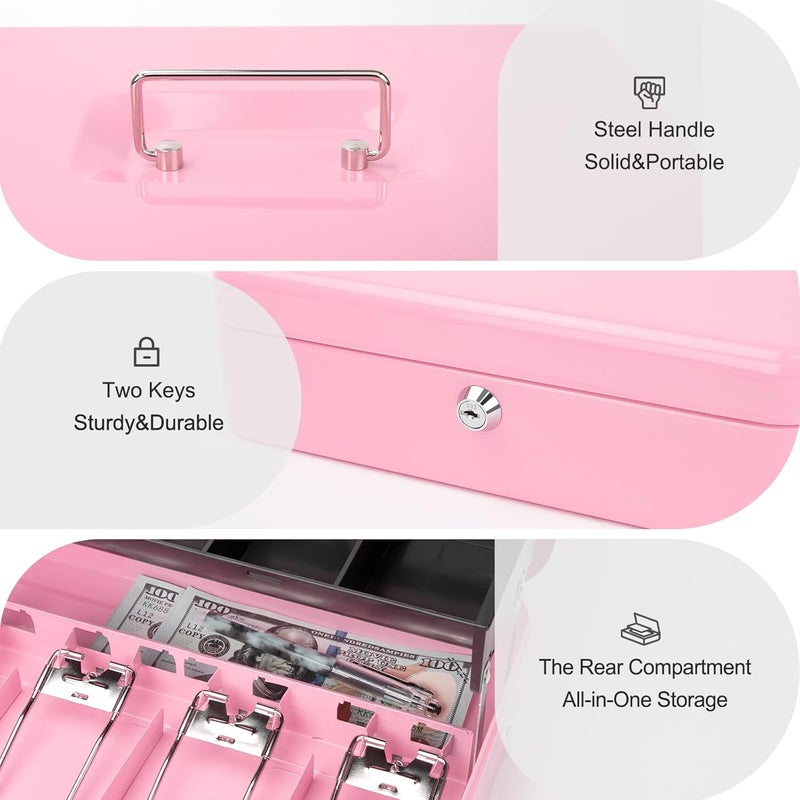 Jssmst Cash Box with Money Tray and Lock - Pink Cash Box with Key Lock Safe Money Box Large, Locking Register Drawer for Money, 11.8'' x 9.5'' x 3.5'', SM-CB005PK - Image 4