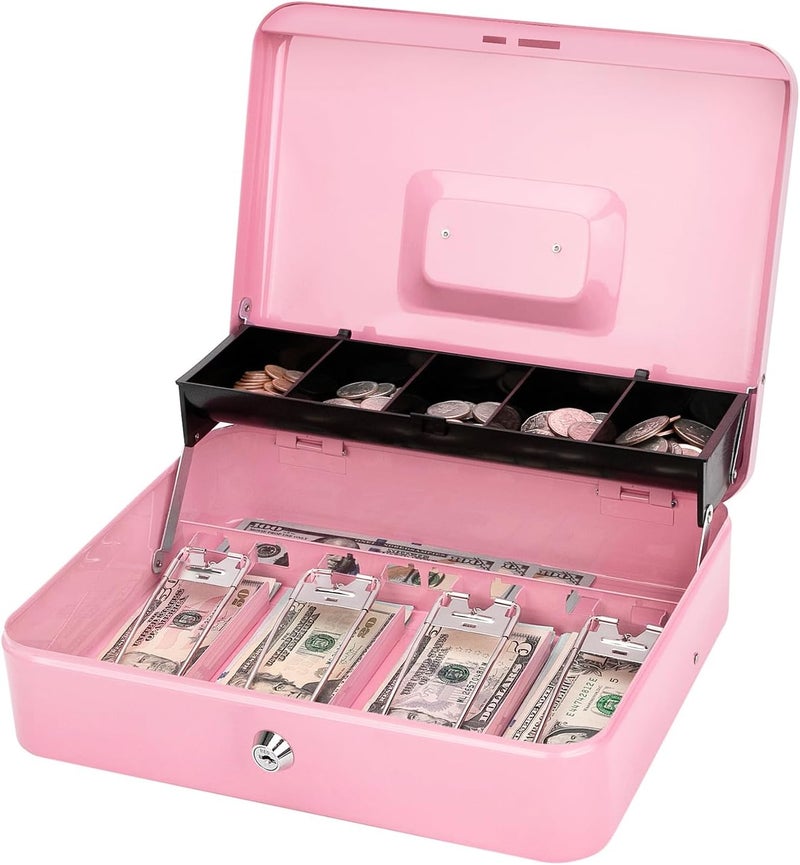 Jssmst Cash Box with Money Tray and Lock - Pink Cash Box with Key Lock Safe Money Box Large, Locking Register Drawer for Money, 11.8'' x 9.5'' x 3.5'', SM-CB005PK - Image 1