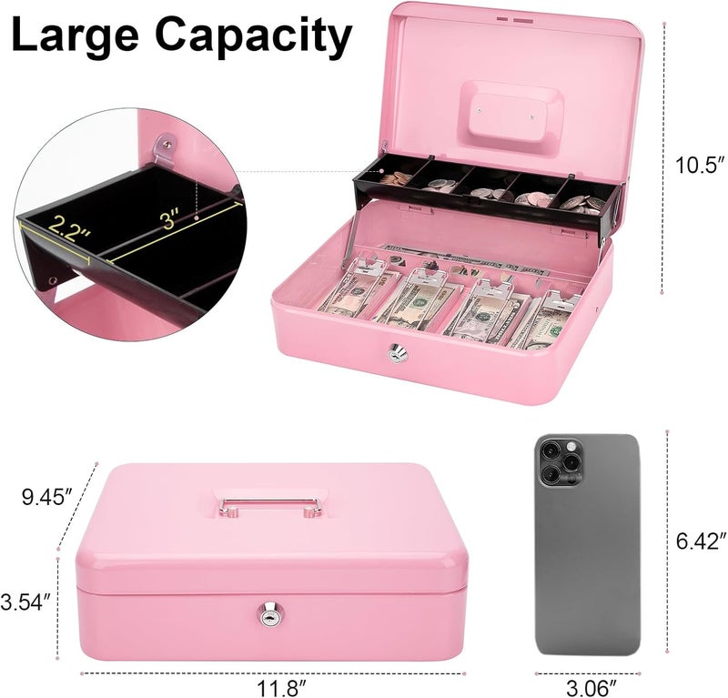 Jssmst Cash Box with Money Tray and Lock - Pink Cash Box with Key Lock Safe Money Box Large, Locking Register Drawer for Money, 11.8'' x 9.5'' x 3.5'', SM-CB005PK - Image 2