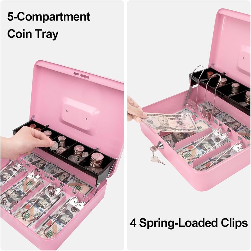 Jssmst Cash Box with Money Tray and Lock - Pink Cash Box with Key Lock Safe Money Box Large, Locking Register Drawer for Money, 11.8'' x 9.5'' x 3.5'', SM-CB005PK - Image 3