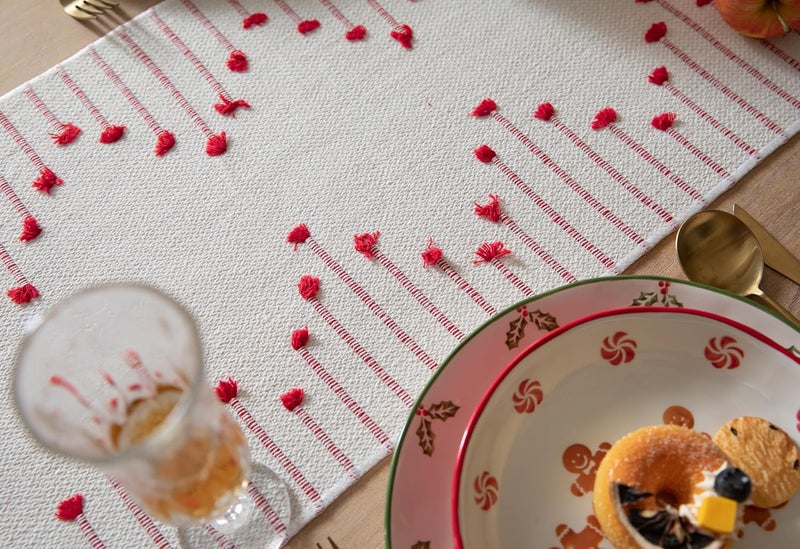Caflife Christmas Table Runner 13 x 48 Inch Long Natural Cotton Woven Runner with Tassels for Home Dining Christmas Decorations, for Modern Farmhouse Holiday Boho Table Runner, Red and Beige - Image 4