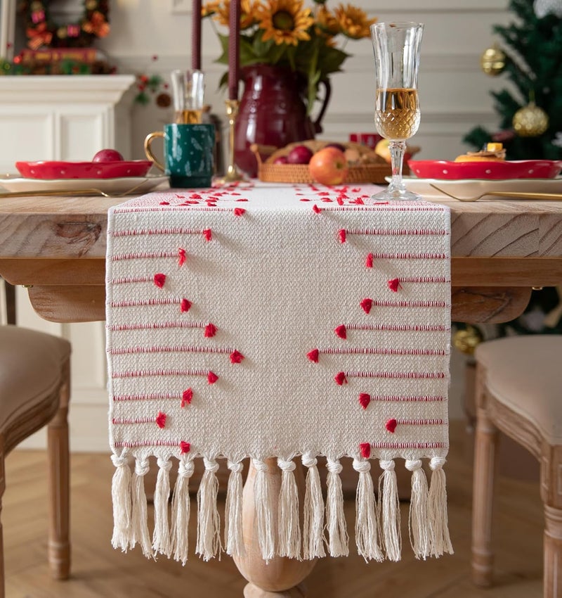 Caflife Christmas Table Runner 13 x 48 Inch Long Natural Cotton Woven Runner with Tassels for Home Dining Christmas Decorations, for Modern Farmhouse Holiday Boho Table Runner, Red and Beige - Image 1
