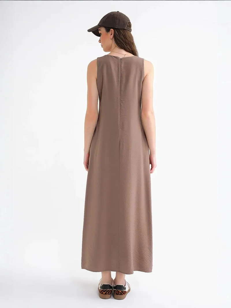 MixRay Mocha Brown Mixray V-Neck Sleeveless Maxi Dress with Pockets for Women | Best Price UAE