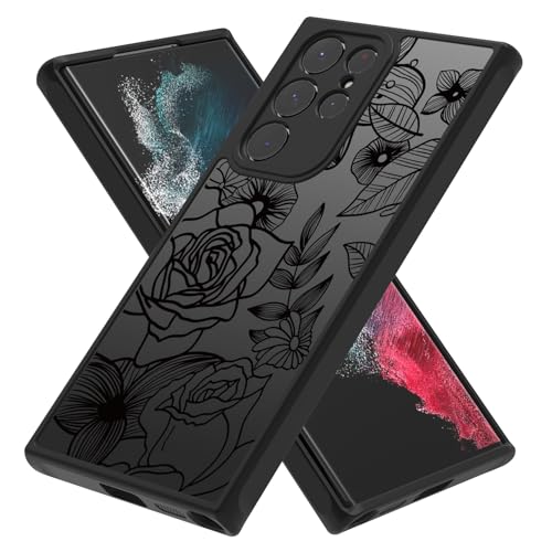 Dumkery Cute Flowers Case Compatible with Samsung Galaxy S22 Ultra, Girly Rose Aesthetic Black Line Art Floral Pattern Print, Hard PC Anti Scratch Heavy Duty Protection Cover for Girls Women - Image 3