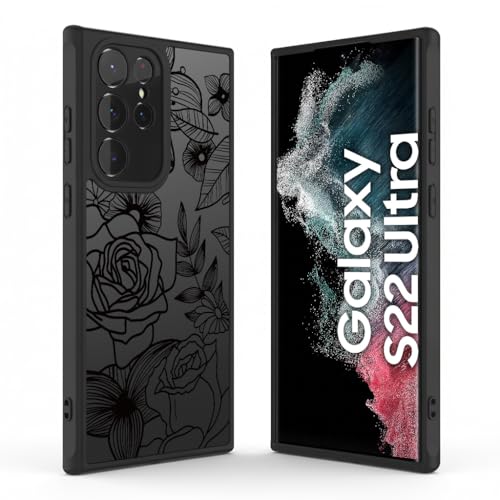 Dumkery Cute Flowers Case Compatible with Samsung Galaxy S22 Ultra, Girly Rose Aesthetic Black Line Art Floral Pattern Print, Hard PC Anti Scratch Heavy Duty Protection Cover for Girls Women - Image 2