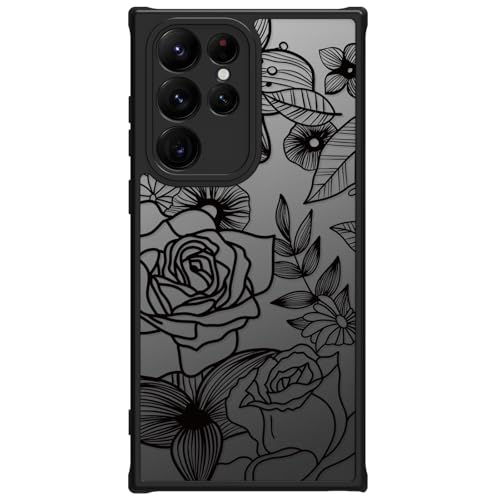 Dumkery Cute Flowers Case Compatible with Samsung Galaxy S22 Ultra, Girly Rose Aesthetic Black Line Art Floral Pattern Print, Hard PC Anti Scratch Heavy Duty Protection Cover for Girls Women - Image 1