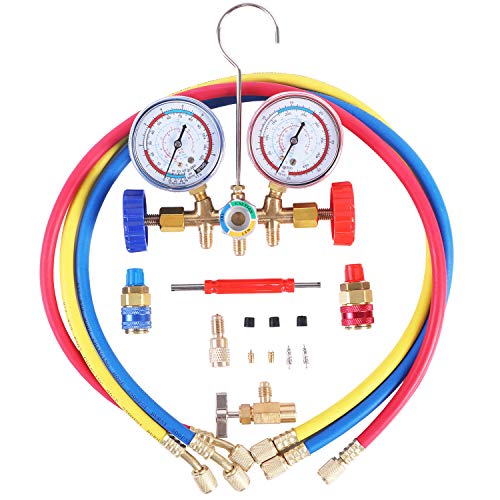 JIFETOR مجموعة عدادات مانيفولد تكييف الهواء JIFETOR 3 Way، أداة تشخيص شحن HVAC للسيارات والأسر R404A R134A مع موصلات سريعة R134A وخراطيم شحن بطول 3 أقدام وأداة صمام قلب محول - Image 1