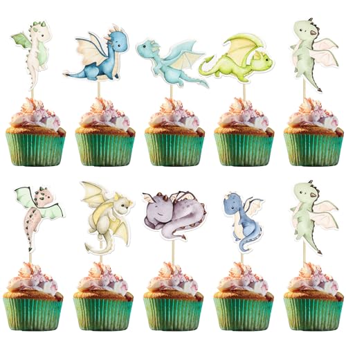 Ephlyn 36Pcs Dragon Party Cupcake Toppers Dragon Birthday Party Decoration Fantasy Dragon Cake Decorations for Flying Dragon Baby Shower Supplies - Image 1