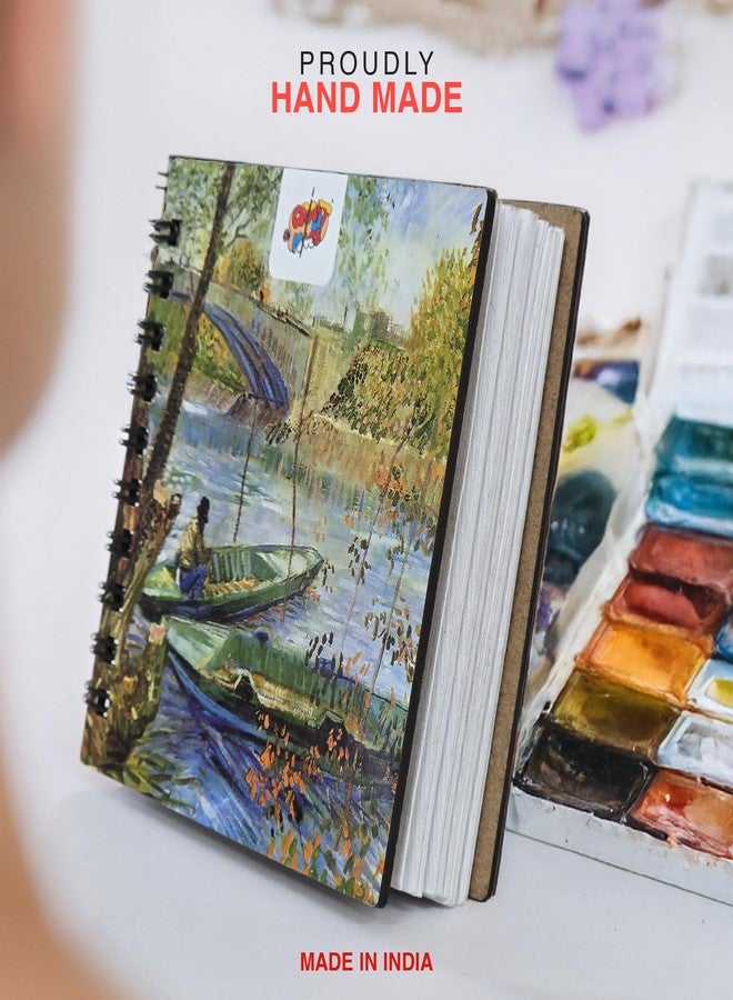 The Crafthives Van Gogh Fishing in Spring Pocket Sketchbook | Wooden Hardcover Mini Art Book | 250 GSM Paper | Spiral Bound Travel Sketch Pad for Watercolour & Mixed Media - Image 2