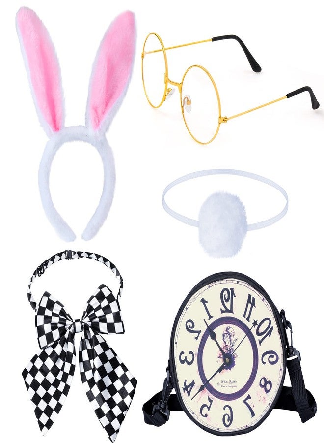 Keymall Easter Wonderland White Rabbit Accessory Kit 5Pcs Bunny Ear Tail Bowtie Round Glasses Bag Props For Easter Halloween (Set A) - Image 1