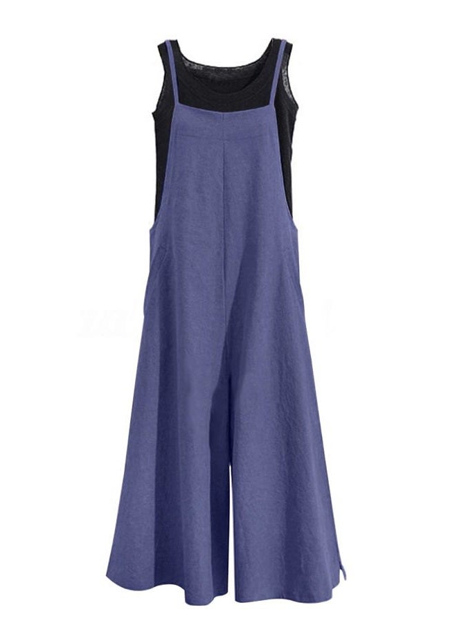 YESNO Women Casual Loose Long Bib Pants Wide Leg Jumpsuits Baggy Cotton Rompers Overalls with Pockets PZZ, A-blue Gray-split Wide Leg, XL - Image 1